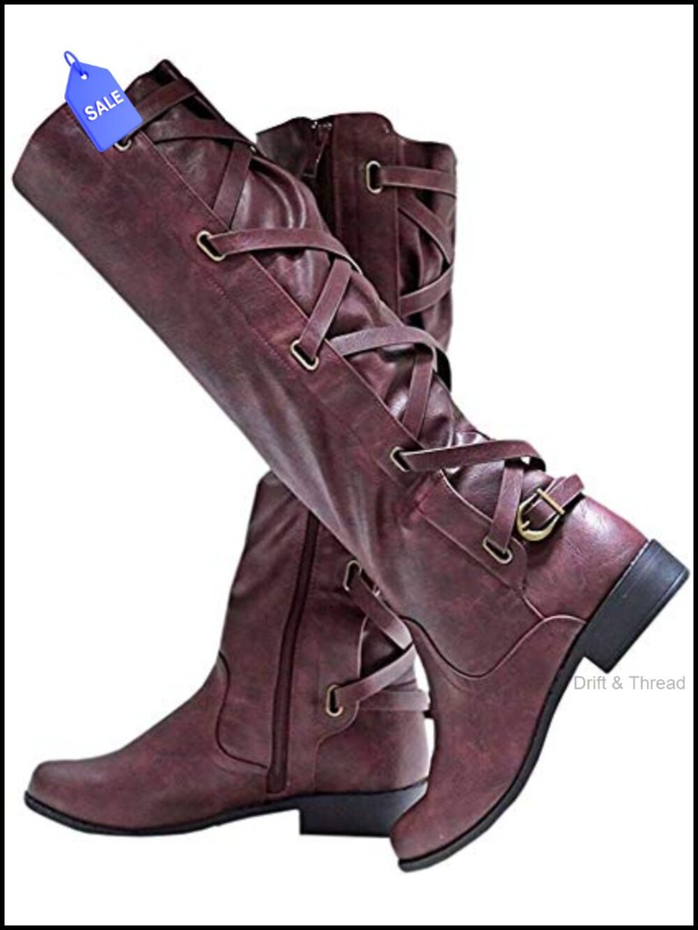 Lace Up Knee High Boots Motorcycle Riding Strappy Combat